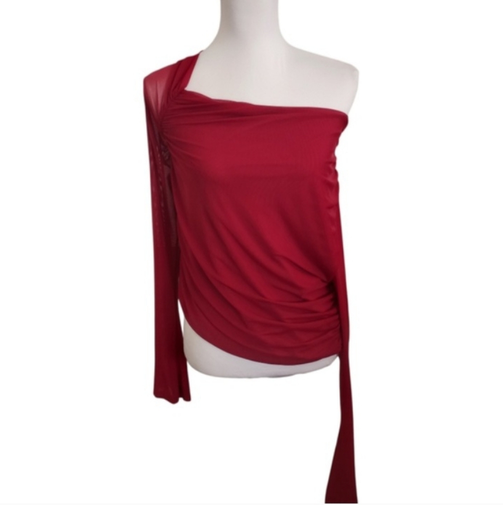 SHEIN Curve One-Shoulder Red Long Sleeve Top